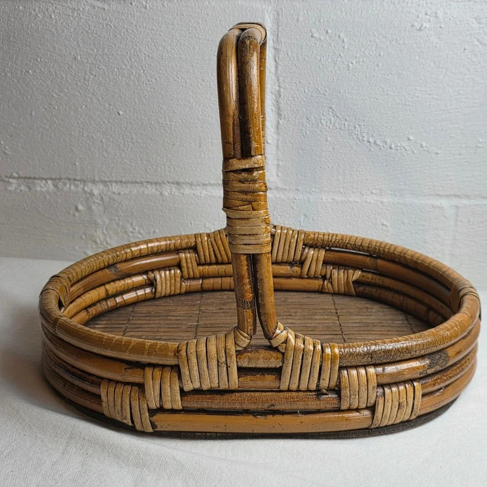 Vintage Bentwood Rattan Oval Basket Tray with Handle Brown Wood Base